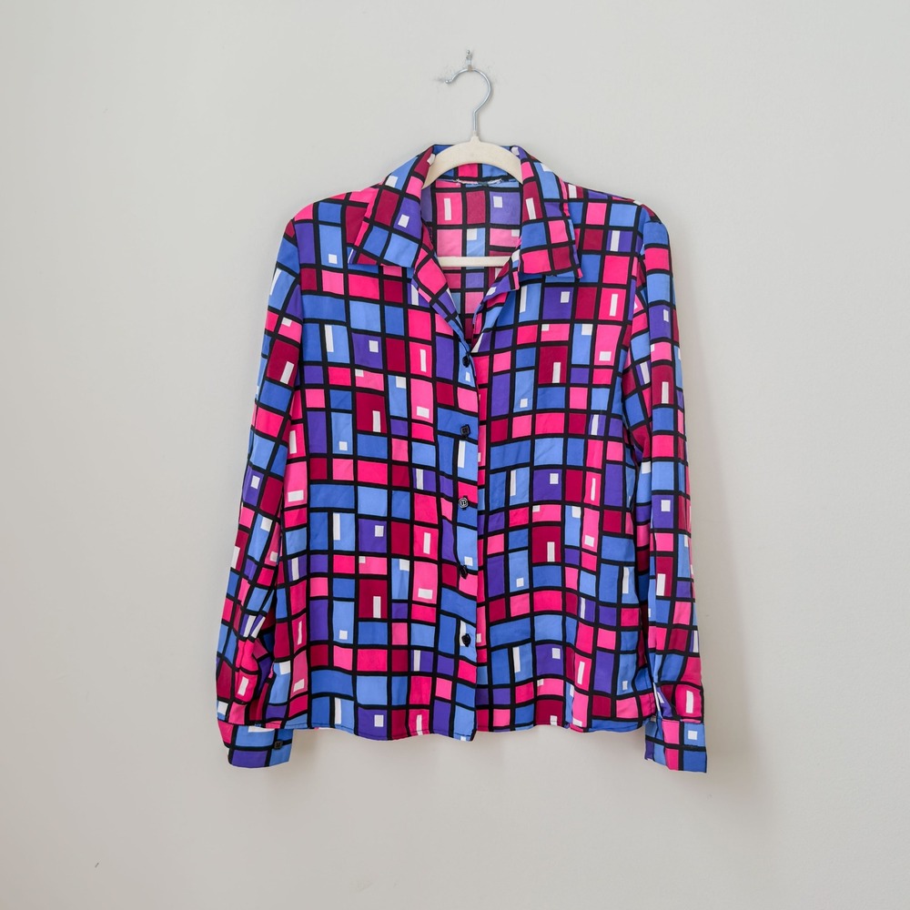 Women's Disco Abstract Colorful Blouse Size L Festive Vibrant Groovy Retro